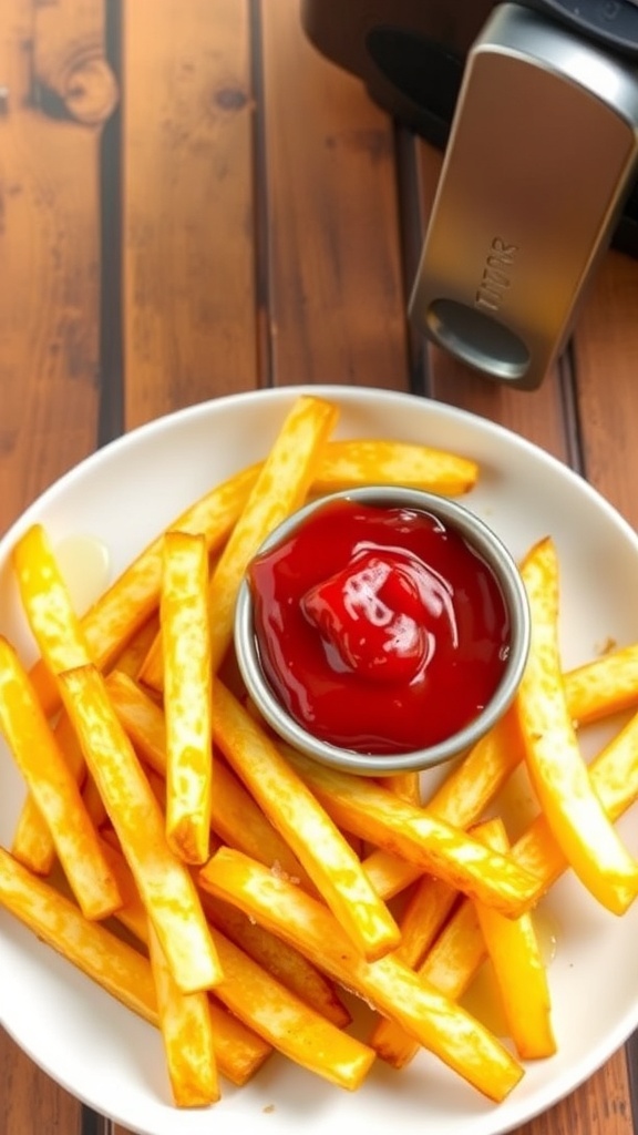 Crispy air fryer French fries on a plate with ketchup, garnished with salt, on a wooden table.